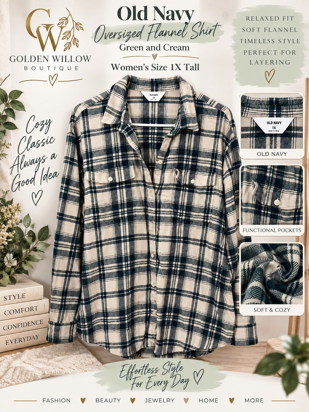 Old Navy Women's Flannel Button-Down Shirt — Green & Cream